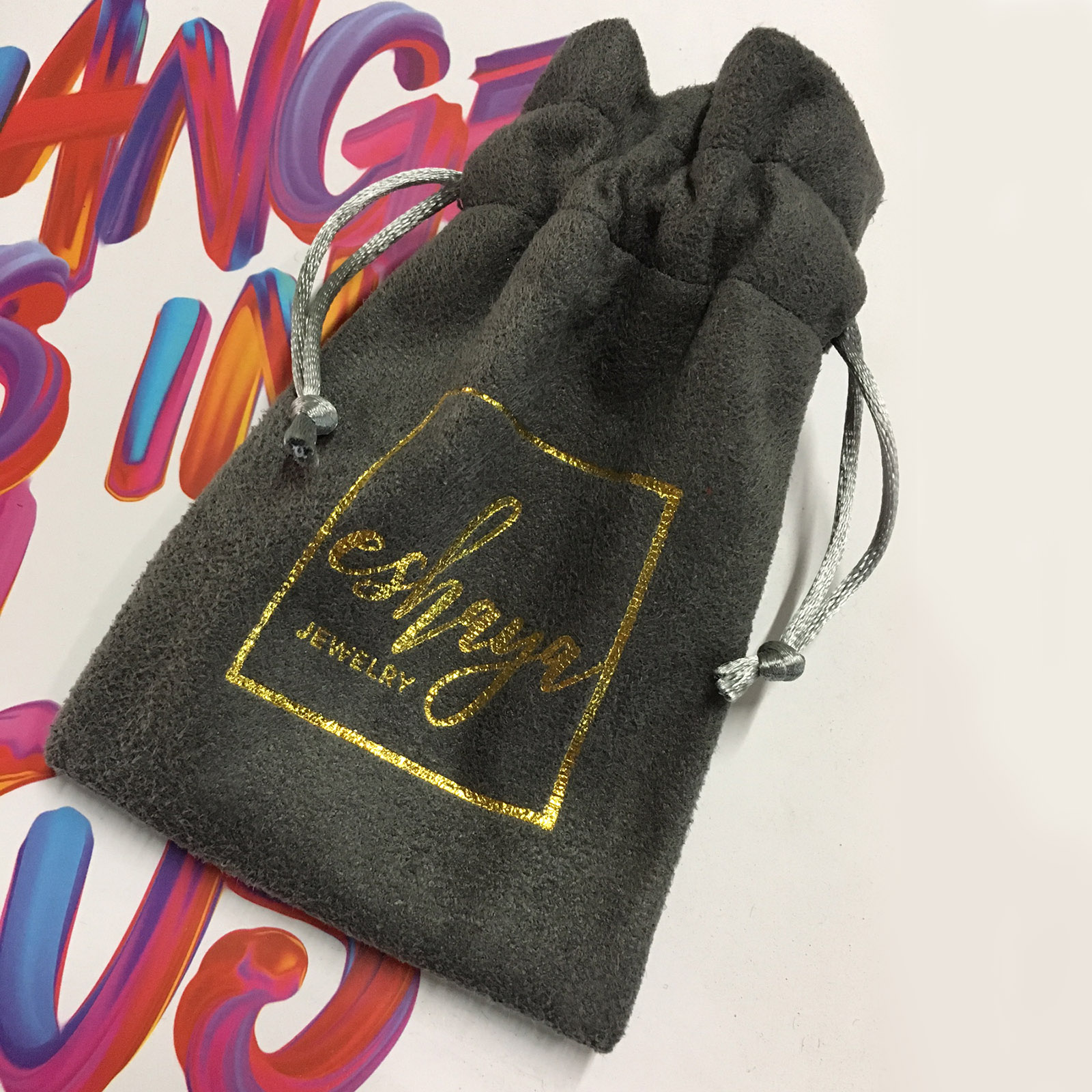 Gold Foil Stamped Suede Jewelry Drawstring Bag Design - Luxury